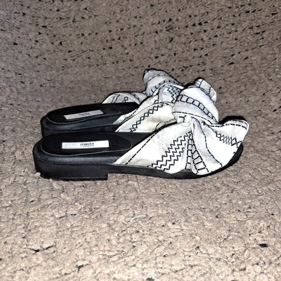MIISTA LONDON-Valerie-Black & White Bow Slide Sandals-Size 37/US 6.5-Excellent - Picture 4 of 7